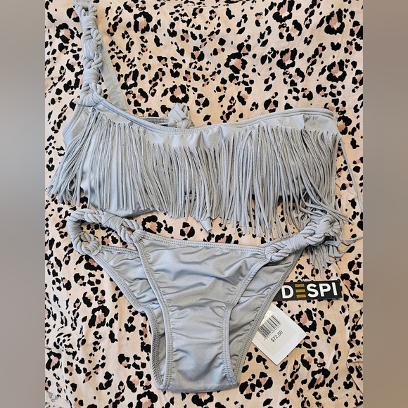 Despi Swim Despi Bikini Silver Fringe Shoulder Top And Braided